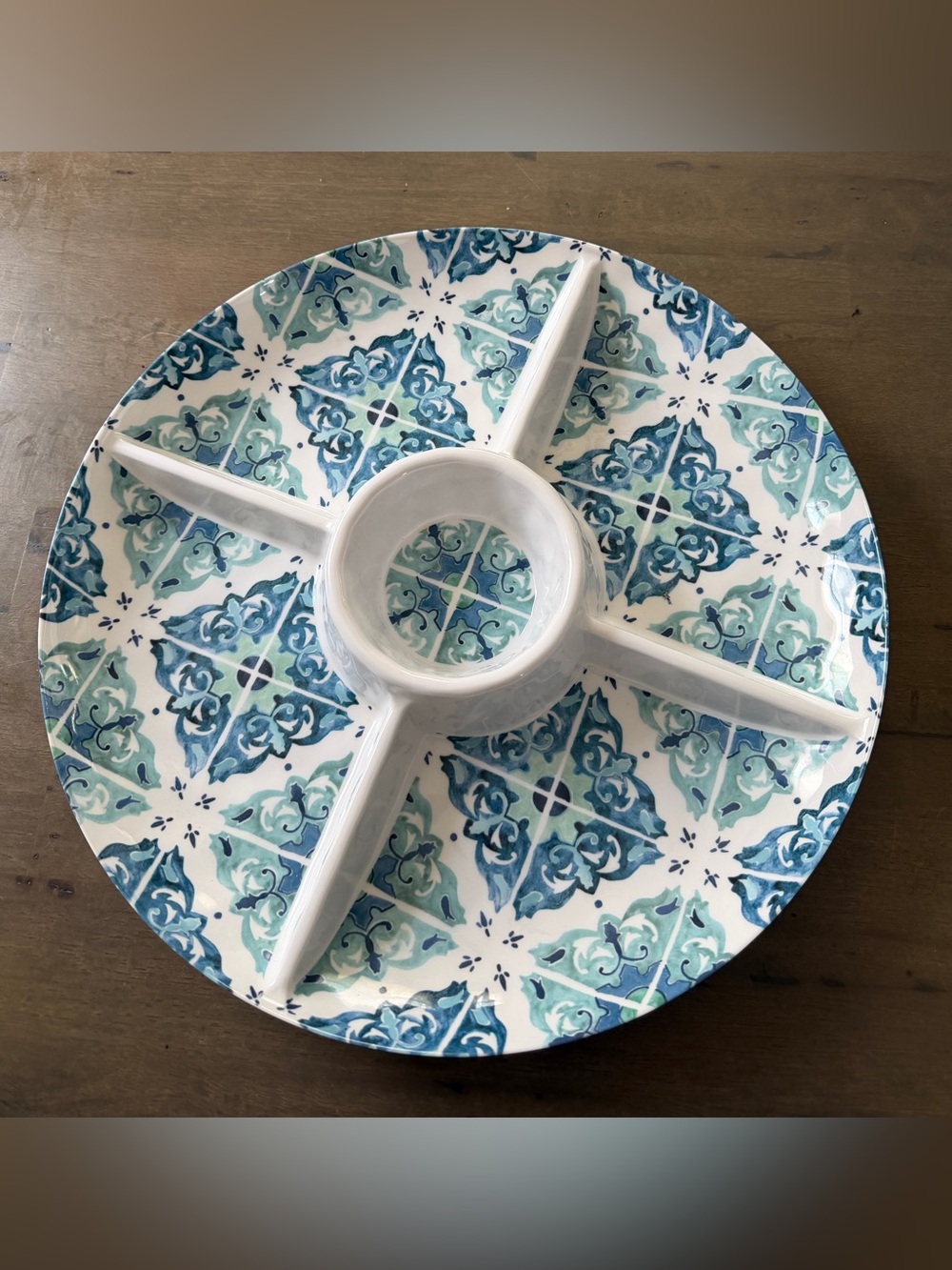 Large 15.5" Round Melamine Divided Platter w/ Center Dip Bowl Blue White Tile